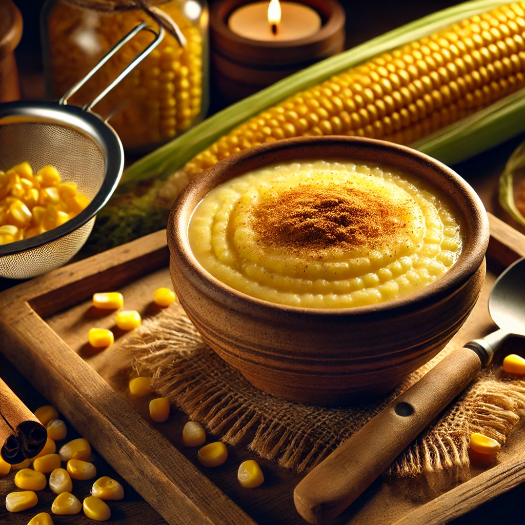 DALL·E 2024-12-29 17.37.25 - A traditional dish of corn curau displayed in a rustic kitchen setting. The creamy yellow curau is served in a ceramic bowl, topped with a light sprin