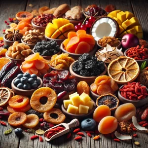 DALL·E 2024-12-27 16.56.31 - A vibrant and detailed arrangement of various dried fruits, including raisins, apricots, prunes, figs, dates, mango slices, pineapple rings, banana ch