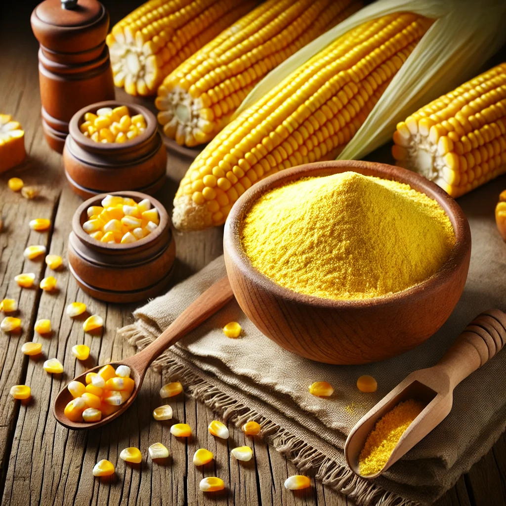 DALL·E 2024-12-28 15.25.20 - A visually appealing still life arrangement showcasing yellow corn flour in a rustic wooden bowl, surrounded by fresh corn cobs, kernels, and kitchen