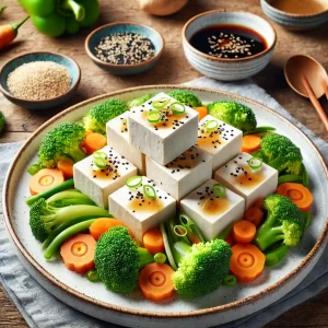 DALL·E 2024-12-29 17.30.17 - A beautifully arranged tofu dish on a wooden table, featuring firm white tofu cubes garnished with sesame seeds, green onions, and a drizzle of soy sa