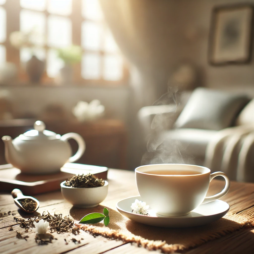 DALL·E 2025-01-06 16.42.25 - A calm and serene tea setting with a white tea cup on a wooden table, surrounded by delicate white tea leaves, a few loose leaves scattered around, an