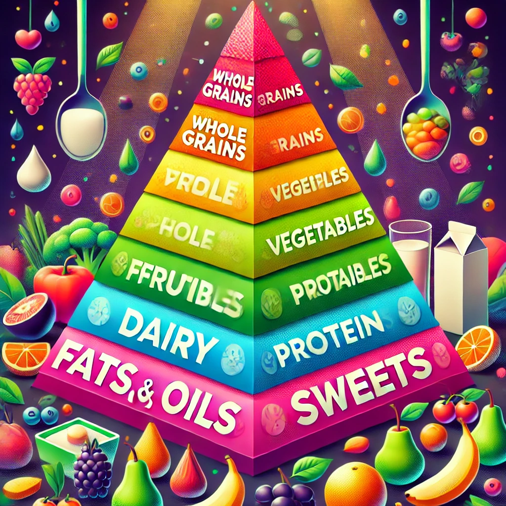 DALL·E 2025-01-07 11.42.58 - A visually engaging and colorful modern food pyramid, with a wide base featuring whole grains and vegetables, followed by fruits, then dairy and prote