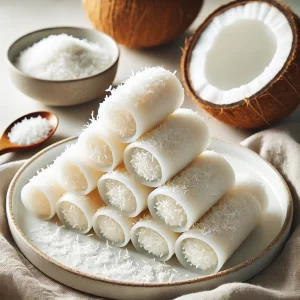 DALL·E 2025-01-18 15.12.13 - A beautifully styled presentation of traditional tapioca rolls filled with grated coconut, placed on a white plate. The rolls are neatly arranged, top