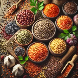 DALL·E 2025-01-19 18.51.48 - A vibrant flat lay of various types of lentils displayed in small bowls and scattered on a rustic wooden surface. The lentils include brown, green, re