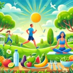 DALL·E 2025-01-22 10.04.40 - A vibrant illustration representing a healthy lifestyle. The scene features a person jogging in a lush green park, another practicing yoga under a tre