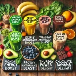 DALL·E 2025-01-31 12.17.26 - A vibrant display of five different smoothies in clear glasses, each labeled for a weekday. - Monday_ Green Energy Boost - a bright green smoothie wit