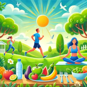 DALL·E 2025-01-22 10.04.40 - A vibrant illustration representing a healthy lifestyle. The scene features a person jogging in a lush green park, another practicing yoga under a tre