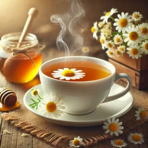 DALL·E 2025-02-15 15.06.56 - A steaming cup of chamomile tea in a white porcelain cup, placed on a rustic wooden table. The tea has a golden hue, with fresh chamomile flowers floa