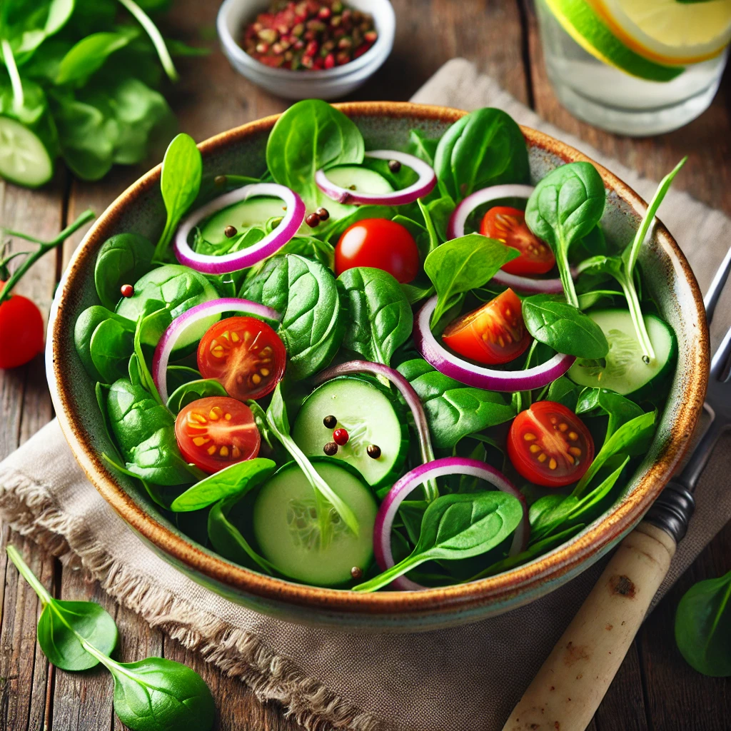 DALL·E 2025-02-21 10.35.02 - A fresh and healthy watercress salad in a ceramic bowl. The salad includes vibrant green watercress leaves, cherry tomatoes, thinly sliced red onions,