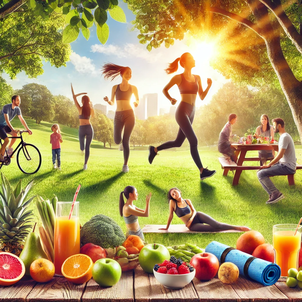 DALL·E 2025-02-25 19.11.29 - A cheerful and energetic scene of people engaging in various healthy activities in a beautiful park. The image includes individuals jogging, practicin