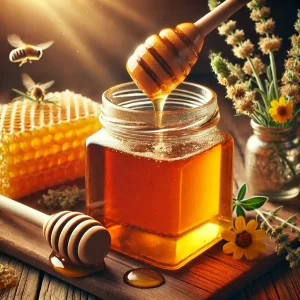 DALL·E 2025-03-07 19.39.02 - A close-up image of a glass jar filled with golden honey, with a wooden honey dipper dripping honey into the jar. Fresh honeycomb and wildflowers are