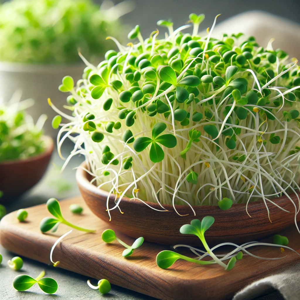 DALL·E 2025-03-08 19.32.58 - A close-up of fresh alfalfa sprouts on a wooden cutting board. The sprouts are bright green and slightly tangled, with delicate white roots. A small b