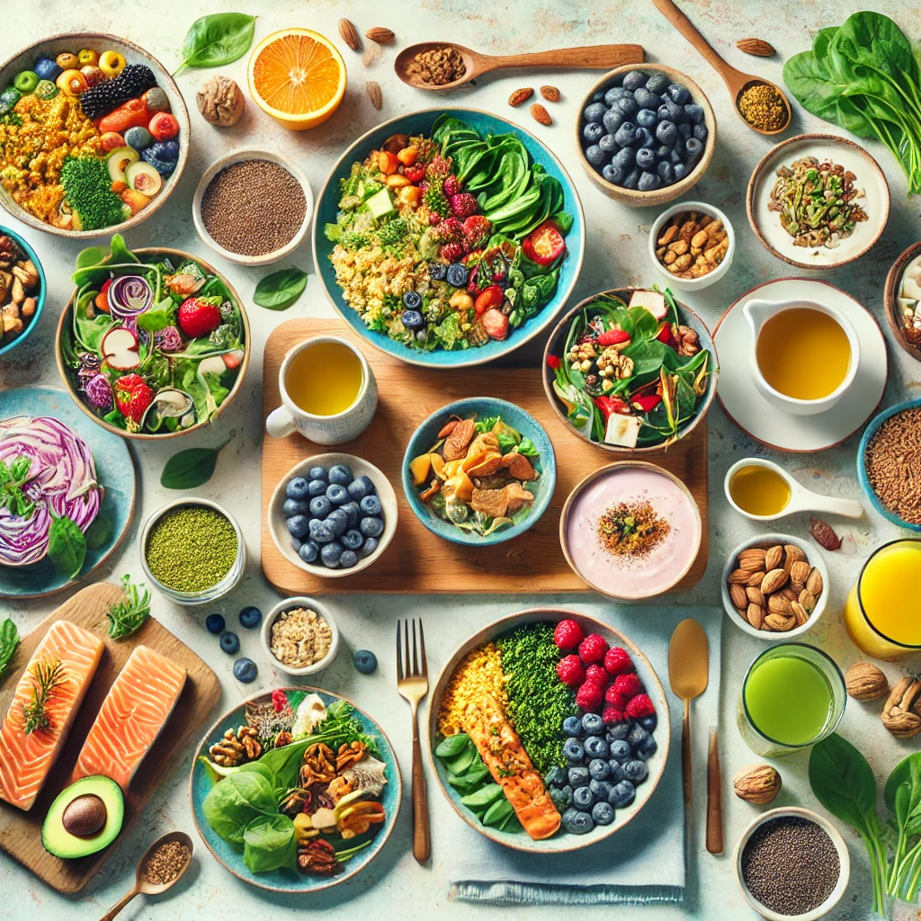 DALL·E 2025-03-11 12.15.30 - A bright and inviting flat lay image featuring a 7-day menopause support meal plan. The scene includes neatly arranged healthy meals and ingredients o