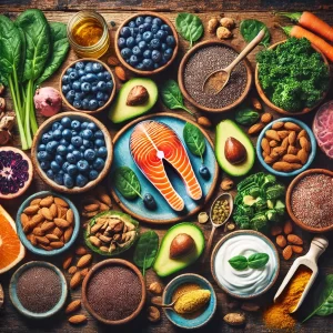 DALL·E 2025-03-27 18.11.39 - A vibrant and colorful flat-lay image of 10 superfoods arranged on a rustic wooden table. The superfoods include blueberries, salmon, kale, chia seeds