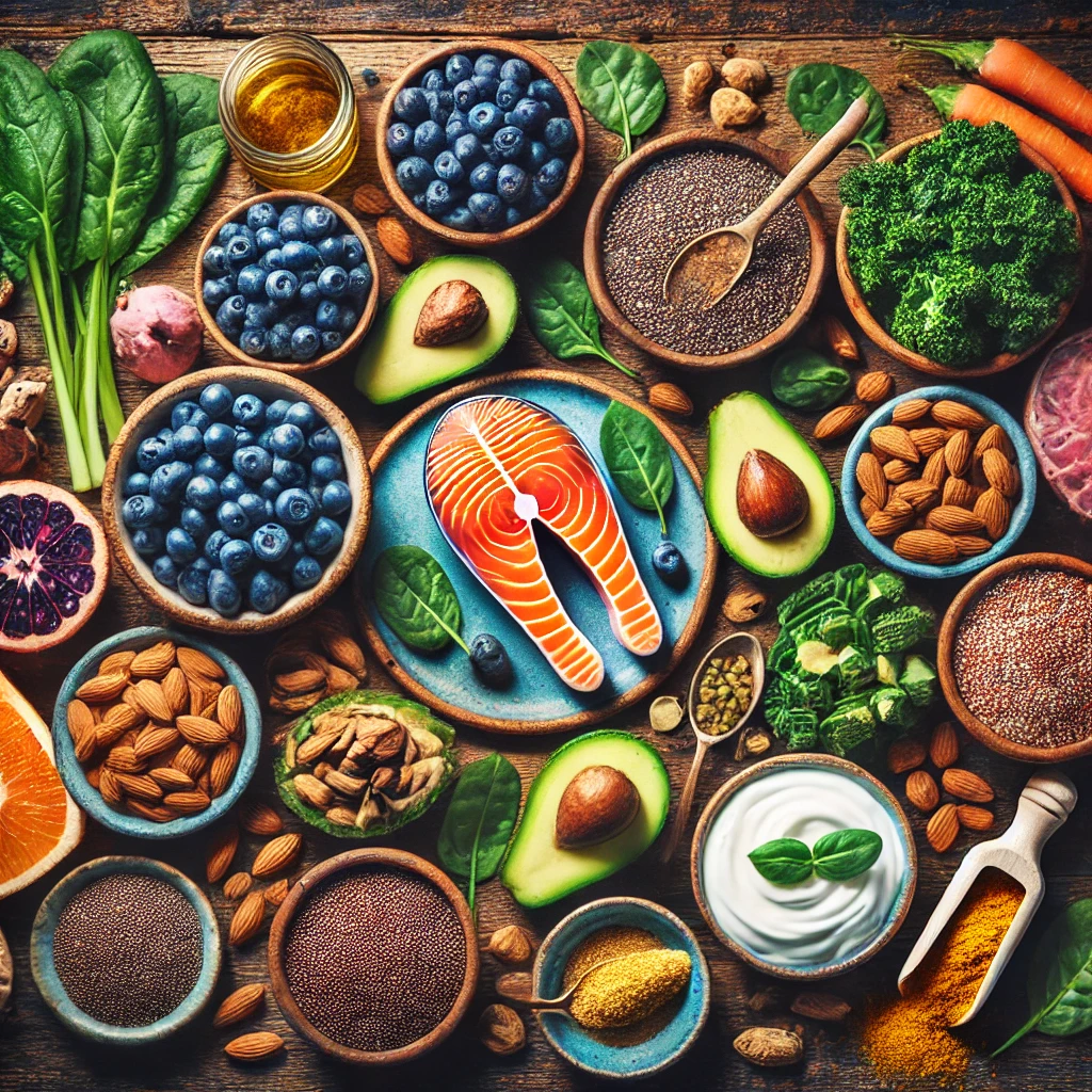 DALL·E 2025-03-27 18.11.39 - A vibrant and colorful flat-lay image of 10 superfoods arranged on a rustic wooden table. The superfoods include blueberries, salmon, kale, chia seeds