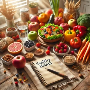 DALL·E 2025-05-13 11.33.03 - A bright and uplifting image of a wooden kitchen table filled with colorful healthy foods — fresh fruits (apples, berries, oranges), vibrant vegetable