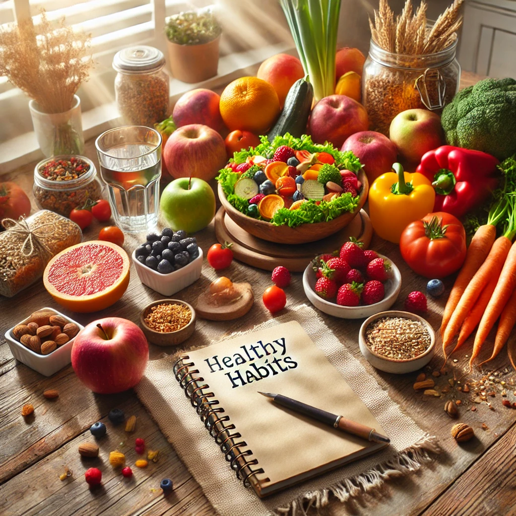 DALL·E 2025-05-13 11.33.03 - A bright and uplifting image of a wooden kitchen table filled with colorful healthy foods — fresh fruits (apples, berries, oranges), vibrant vegetable